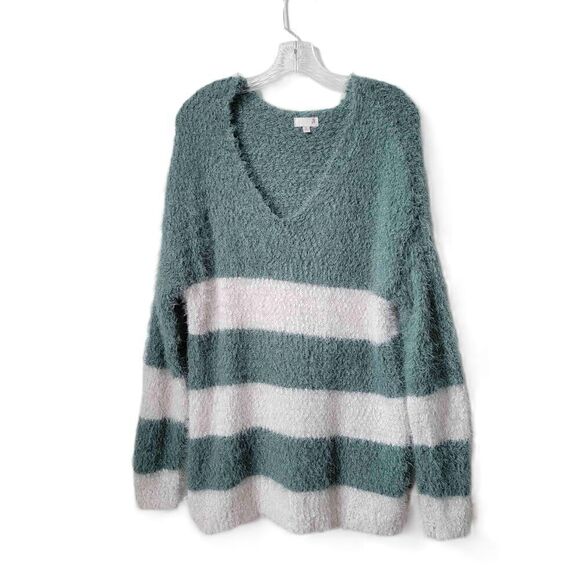 SO Green White Striped Fuzzy Knit V Neck Pullover Sweater Long Sleeves Size XL - Picture 1 of 7